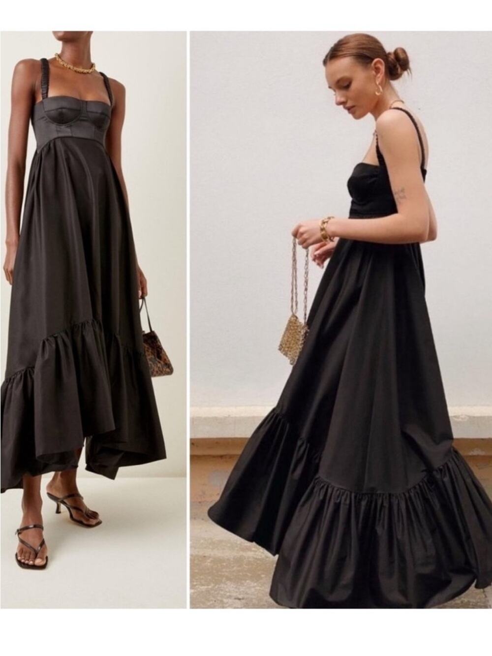 Anna October Snowdrop Bustier Ruched Strap Ruffle Hem Black Maxi Dress